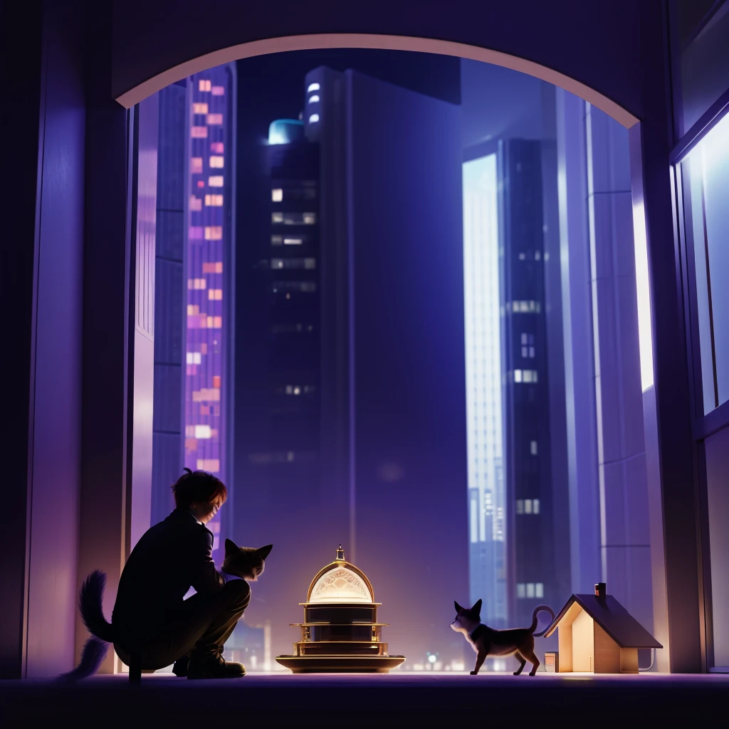 A happy future city where rich people live,Have pets, There are different types of people living together, There is a male protagonist