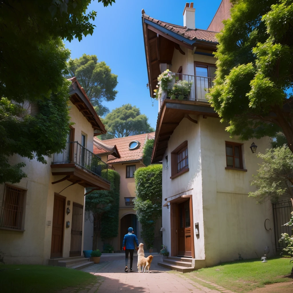 A happy future city where rich people live,Have pets, There are different types of people living together, There is a male protagonist