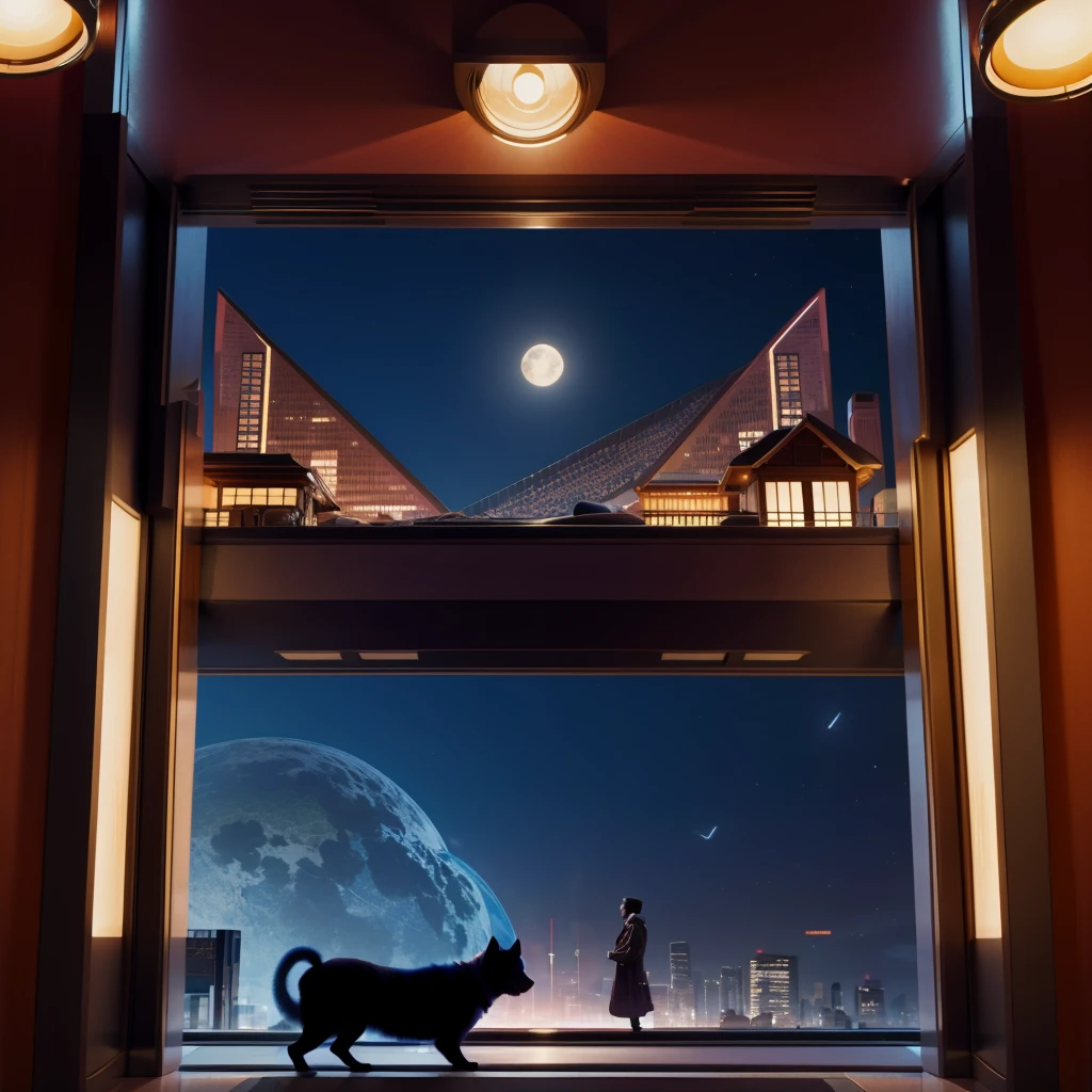 A happy future city where rich people live,Have pets, There are different types of people living together, There is a male protagonist