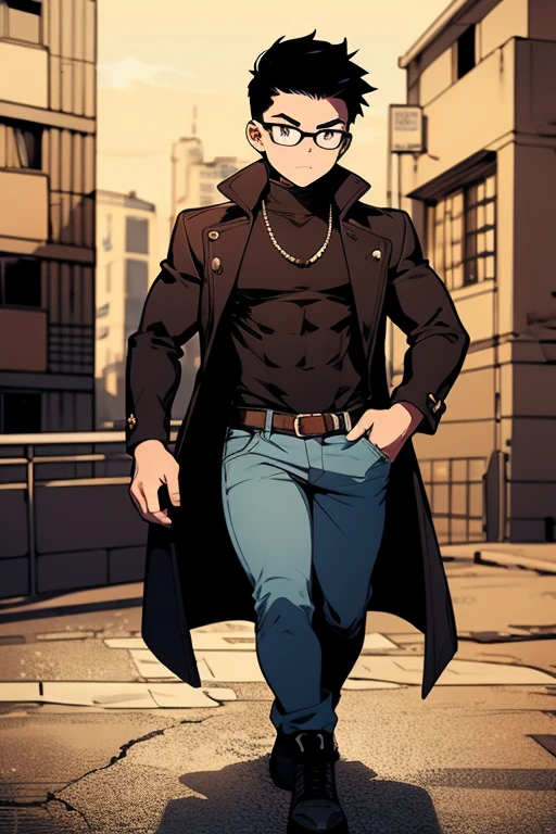 ((illustration)), (best quality)), ((masterpiece)), (detailed), ((night)), teenager, solo, 1boy, male focus, black trench coat, short hair, black hair: 2, spiky hair, jeans, rubber shoes, cityscape, lineart, thick lines, itadori, itadori_yuuji, hair bangs, muscular, turtleneck, eyeglasses, fingerless gloves,