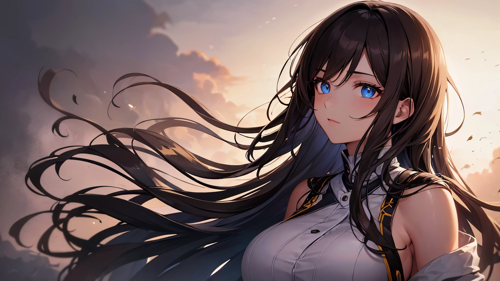 Highest quality, 8K, 4K, High resolution, High Contrast, The upper body is visible,1girl,only,Dark brown hair,Straight Long Hair,(Beautifully detailed face),Blue, clear eyes,Upper Eye,She has big breasts,20generation,Shorts, Open jacket