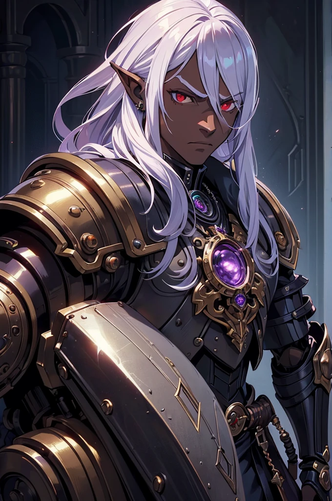 ((best quality)), ((masterpiece)), (detailed), ((boy)), ((mechanical armor)), (dungeonpunk),(steampunk), (serious), dark skinned, human, upper body, portrait, red eyes, long white hair, Xemnas from Kingdom Hearts, half-drow, pointy ears, serious face, dramatic lighting, purple hue, art by Kinema Citrus