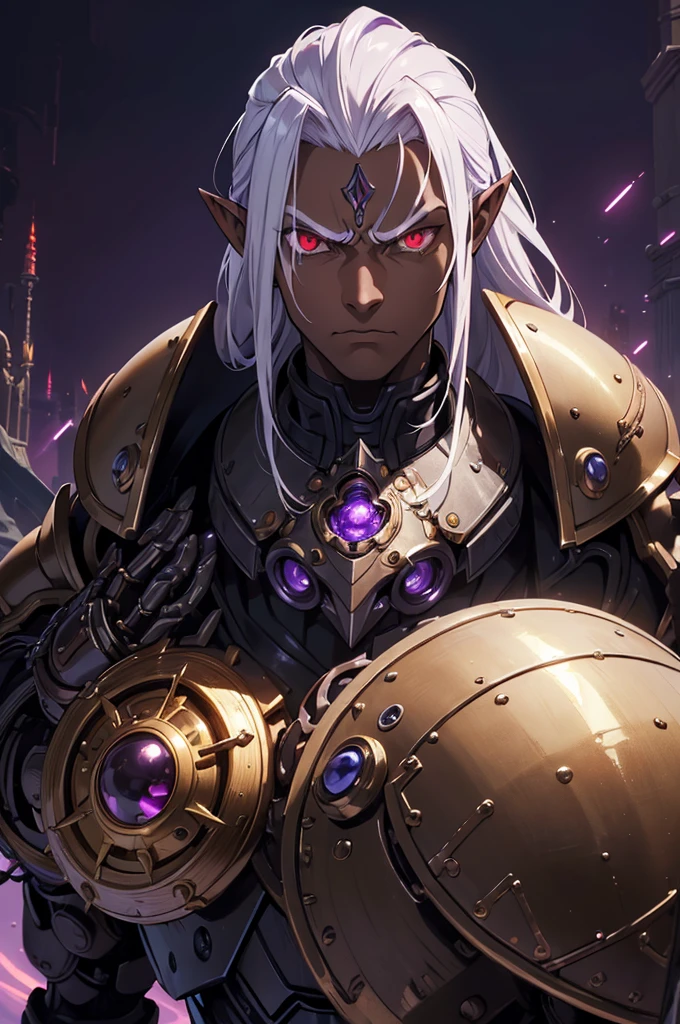 ((best quality)), ((masterpiece)), (detailed), ((boy)), ((mechanical armor)), (dungeonpunk),(steampunk), (serious), dark skinned, human, upper body, portrait, red eyes, long white hair, Xemnas from Kingdom Hearts, half-drow, pointy ears, serious face, dramatic lighting, purple hue, art by Kinema Citrus