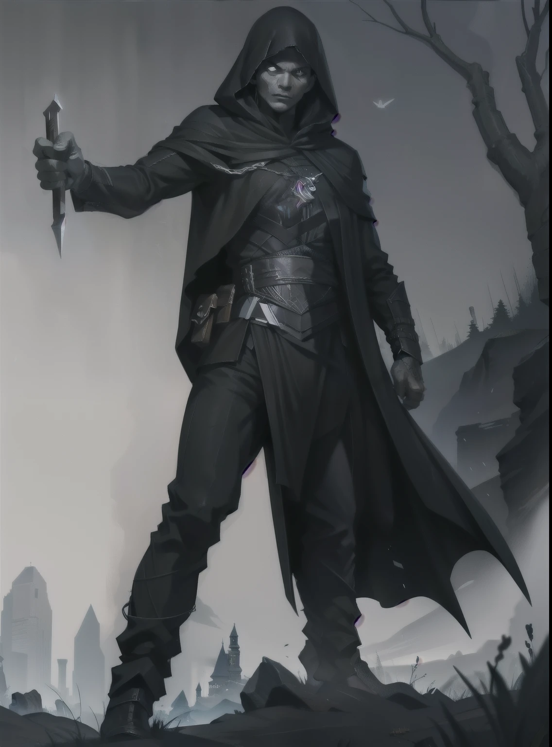 quero um assassino de black clothing e furtivo, he must have a dagger in his hand, and your posture must be stealthy, black clothing, black hoods