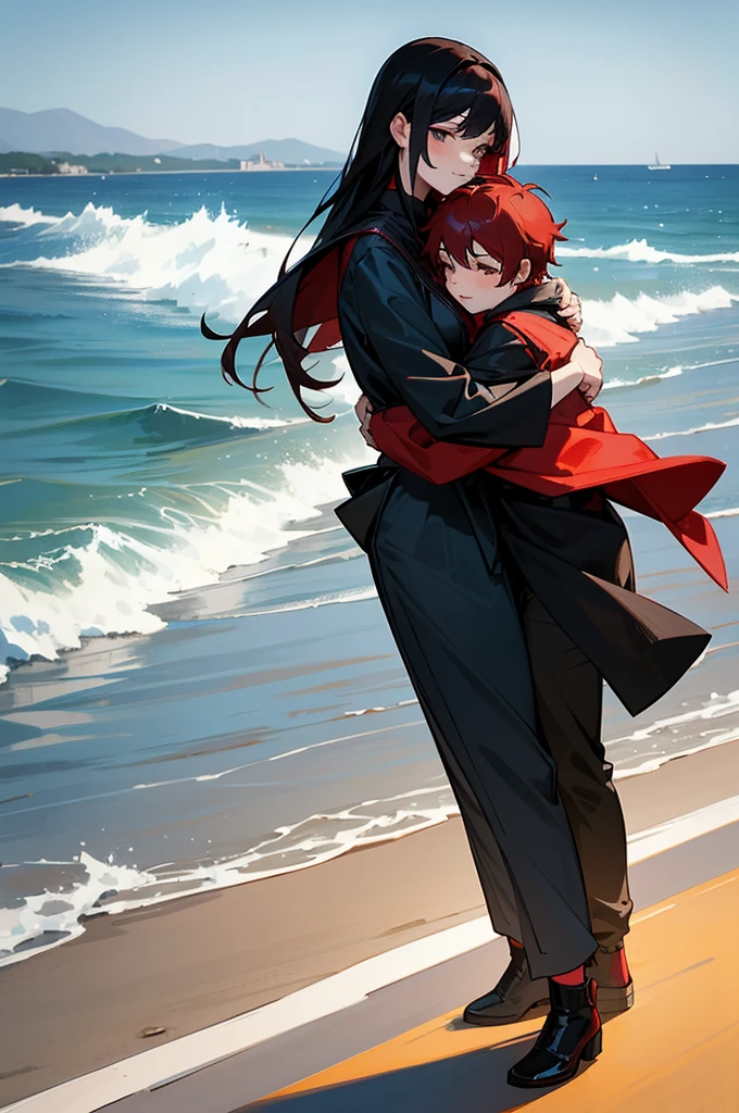 black-haired man and a red-haired woman hugging their son in front of the sea on a road with a drift nissan silvia s15