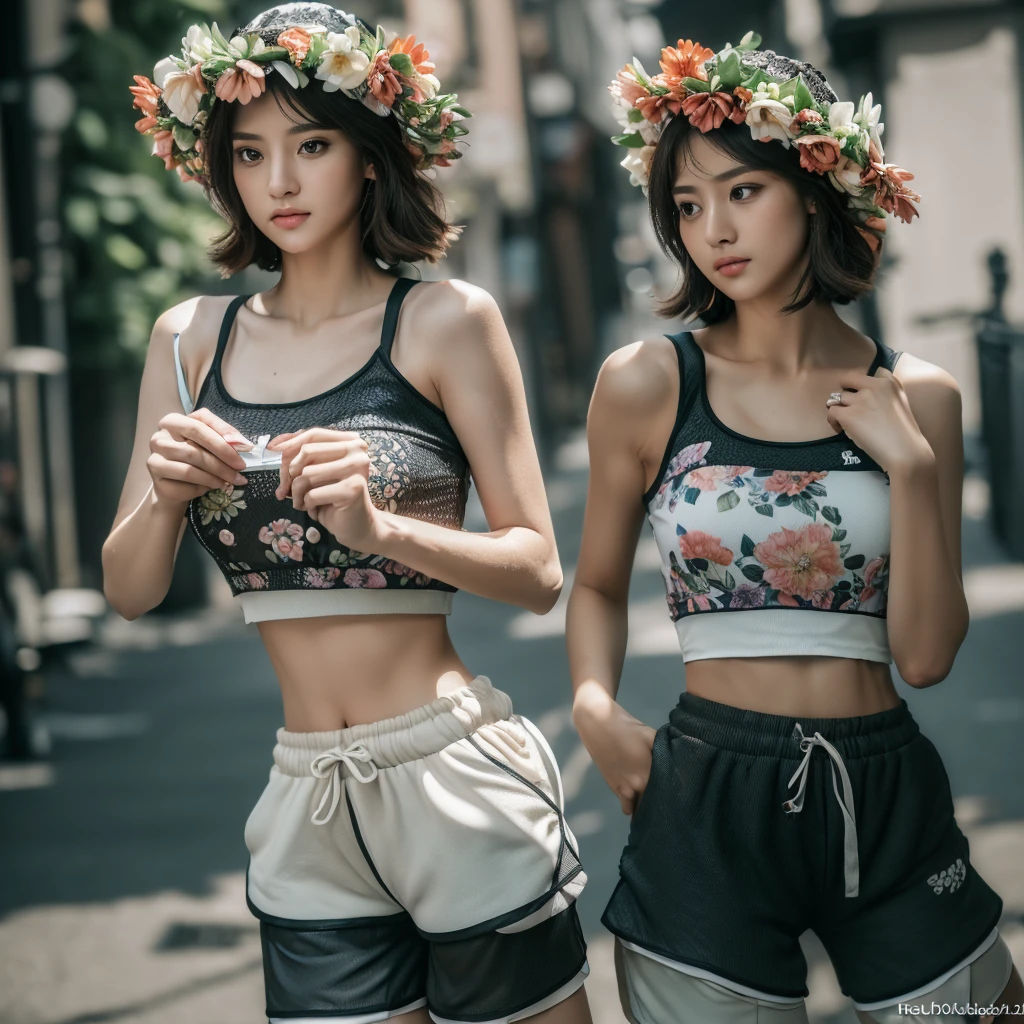 ((Best Quality, 8K, Masterpiece: 1.3)), (Flower Cap: 1.3), Focus: 1.2, Perfect Body Beauty: 1.4, Buttocks: 1.2, (Layered Haircut: 1.2)), (Dark Street: 1.3), Highly Detailed Face and Skin Texture, Full Body, Delicate Eyes, Double Eyelids, Whitened Skin, Long Hair, (Round Face: 1.5), (Loose Crop Top, Shorts: 1.6)