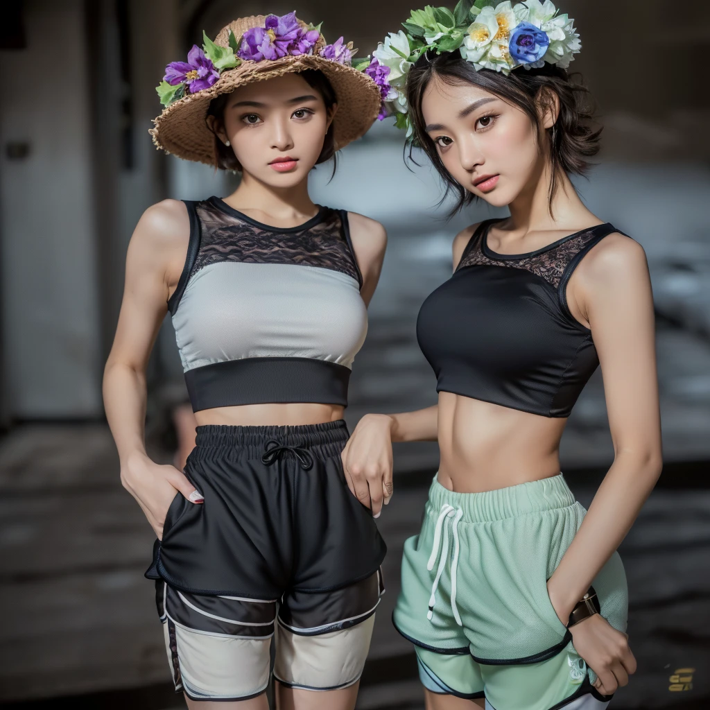 ((Best Quality, 8K, Masterpiece: 1.3)), (Flower Cap: 1.3), Focus: 1.2, Perfect Body Beauty: 1.4, Buttocks: 1.2, (Layered Haircut: 1.2)), (Dark Street: 1.3), Highly Detailed Face and Skin Texture, Full Body, Delicate Eyes, Double Eyelids, Whitened Skin, Long Hair, (Round Face: 1.5), (Loose Crop Top, Shorts: 1.6)