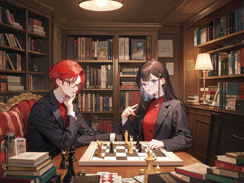 A redhead woman and a dark-haired, slim man with glasses are happily playing chess at night in a room cluttered with books、Both are 28 years old