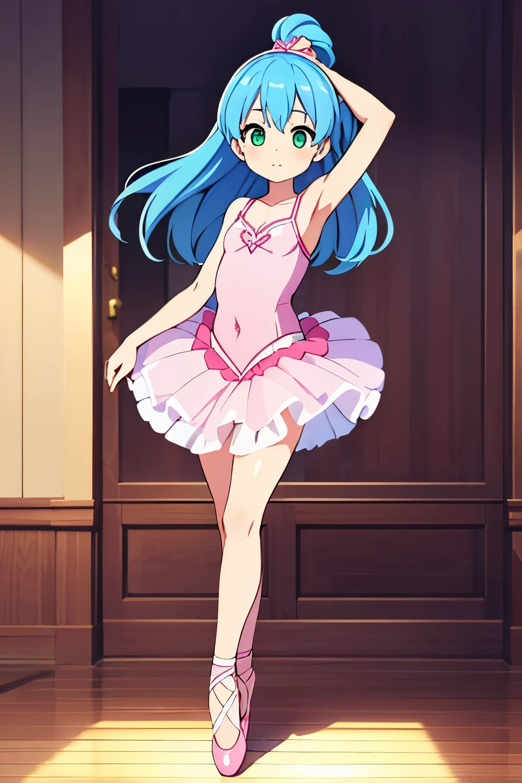 Full body anime pic of a cute ballerina , ballerina , tutu , sleeveless leod , blue hair , green eyes , beautiful girl , long legs