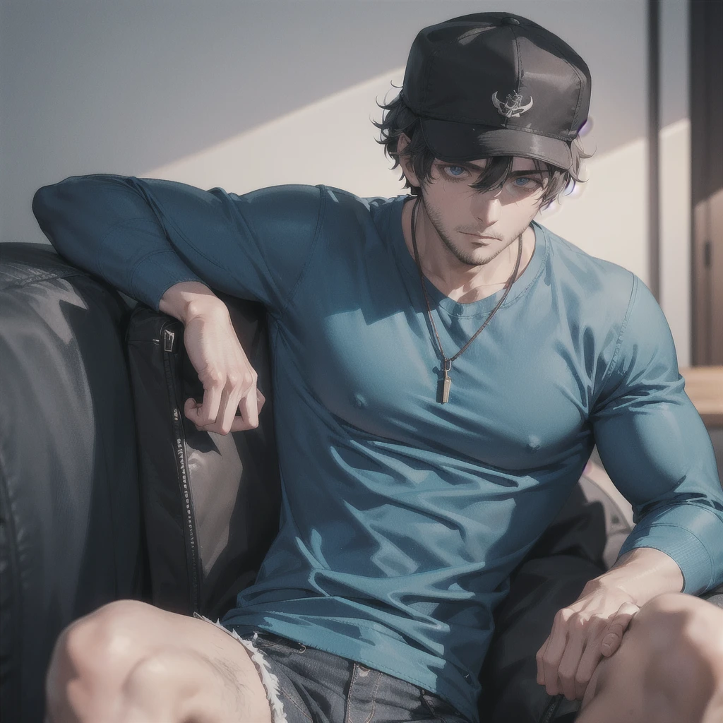 30-year-old man, tired eyes and dark circles, dark-skinned, tattered clothes, gray shirt, blue pants, black hat, muscular, drunk.