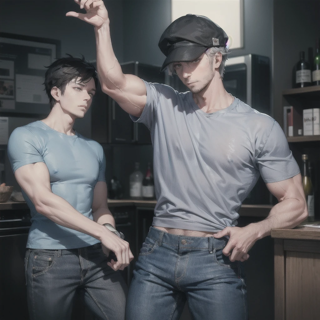 30-year-old man, tired eyes and dark circles, dark-skinned, tattered clothes, gray shirt, blue pants, black hat, muscular, drunk.