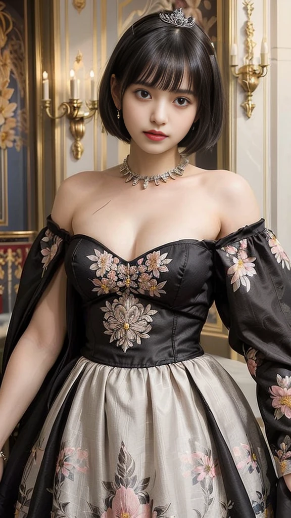 (A 20-year-old princess is standing), (Ultra-realistic), (mask), ((short hair:1.46)), (Smooth black hair), (bust:1.0), (A kind smile:0.9), (Floral Dress:1.46), (Majestic palace:1.46), Orange lipstick