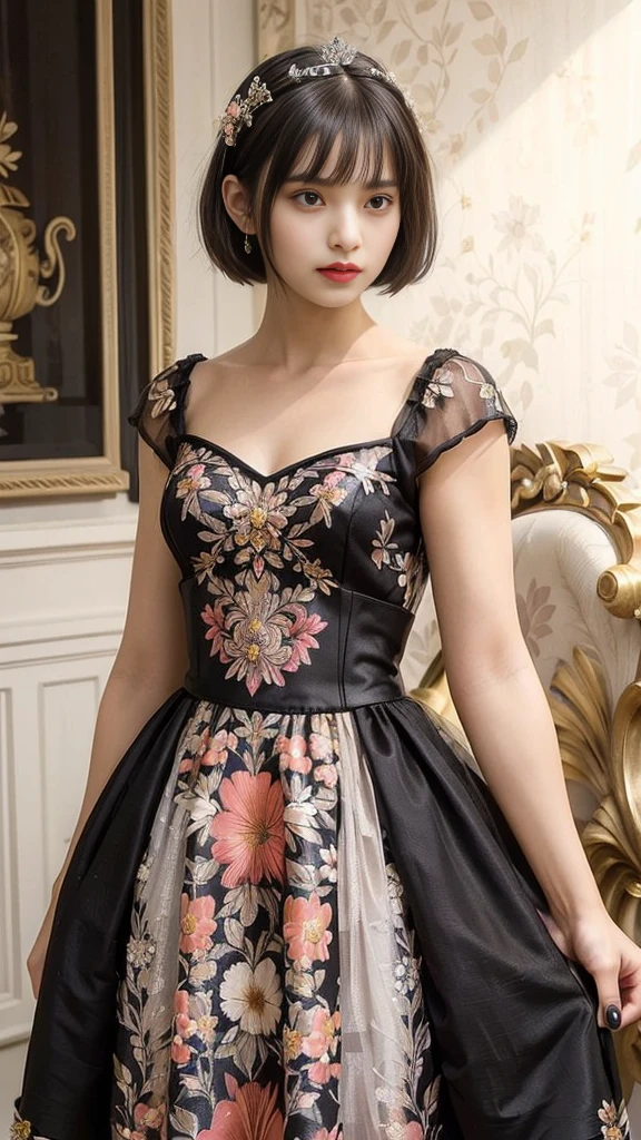 (A 20-year-old princess is standing), (Ultra-realistic), (mask), ((short hair:1.46)), (Smooth black hair), (bust:1.0), (A kind smile:0.9), (Floral Dress:1.46), (Majestic palace:1.46), Orange lipstick