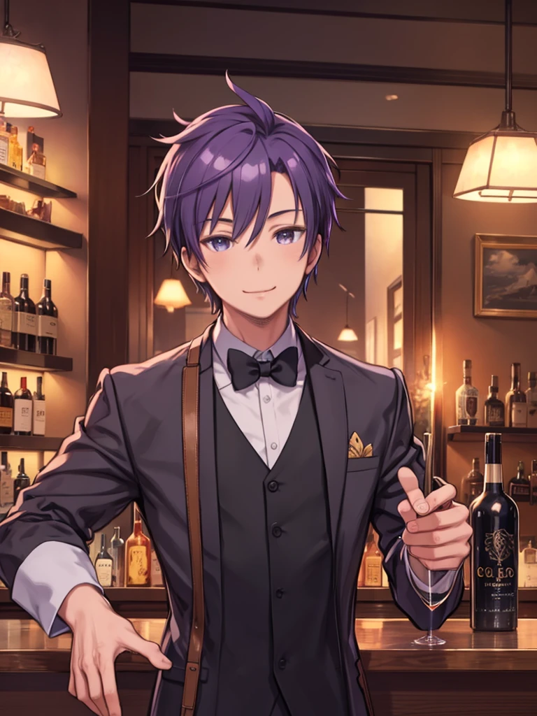masterpiece、highest quality、High resolution、Very detailed、Medium wide shot、 Man、bartender、Bar counter、Stylish bar、Smiling、Purple hair、Golden pupil、Male、