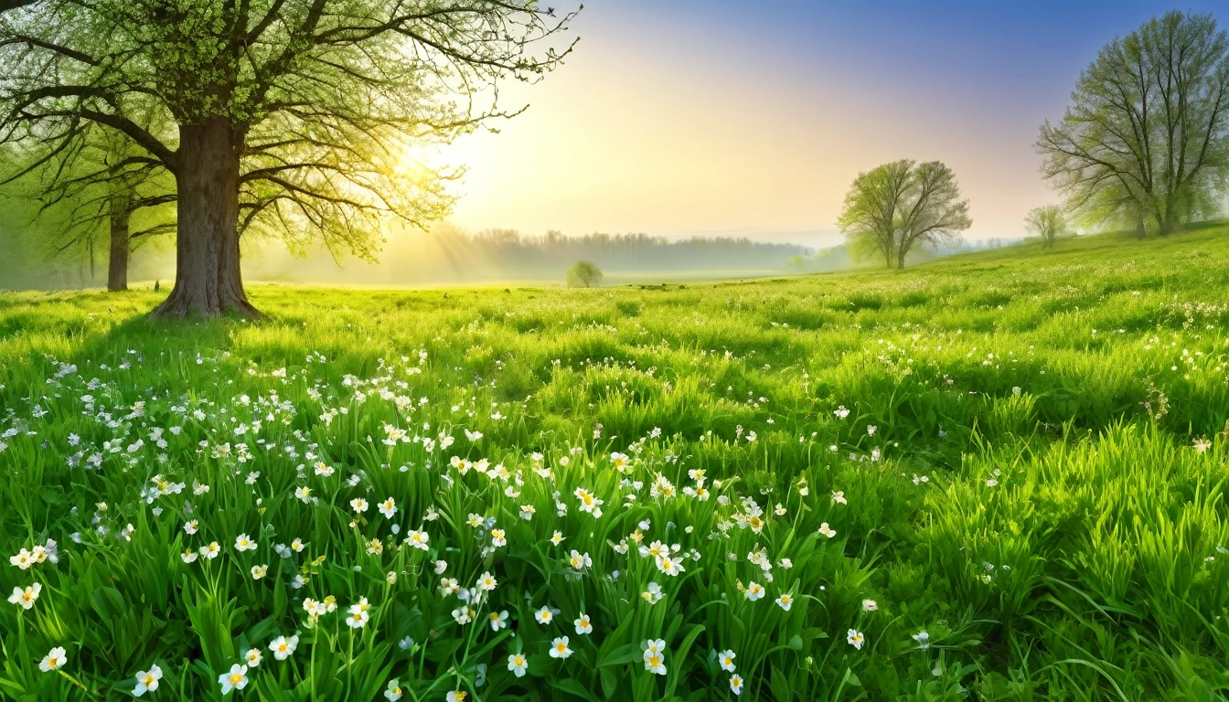 realistic photo, masterpiece, a spring morning at sunrise with the sweet scent of life, in an open meadow