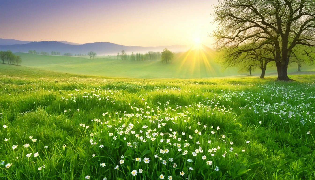 realistic photo, masterpiece, a spring morning at sunrise with the sweet scent of life, in an open meadow