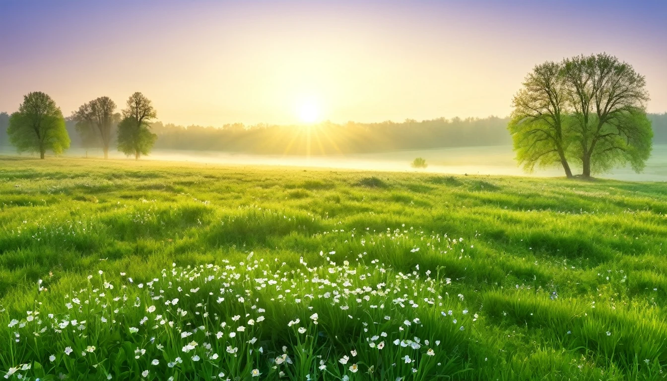 realistic photo, masterpiece, a spring morning at sunrise with the sweet scent of life, in an open meadow