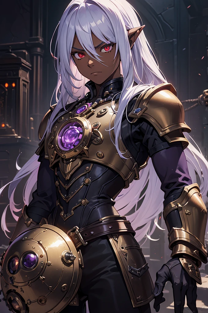 ((best quality)), ((masterpiece)), (detailed), ((boy)), ((mechanical armor)), (dungeonpunk),(steampunk), (serious), dark skinned, human, upper body, portrait, red eyes, long white hair, Xemnas from Kingdom Hearts, half-drow, pointy ears, serious face, dramatic lighting, purple hue, art by Kinema Citrus
