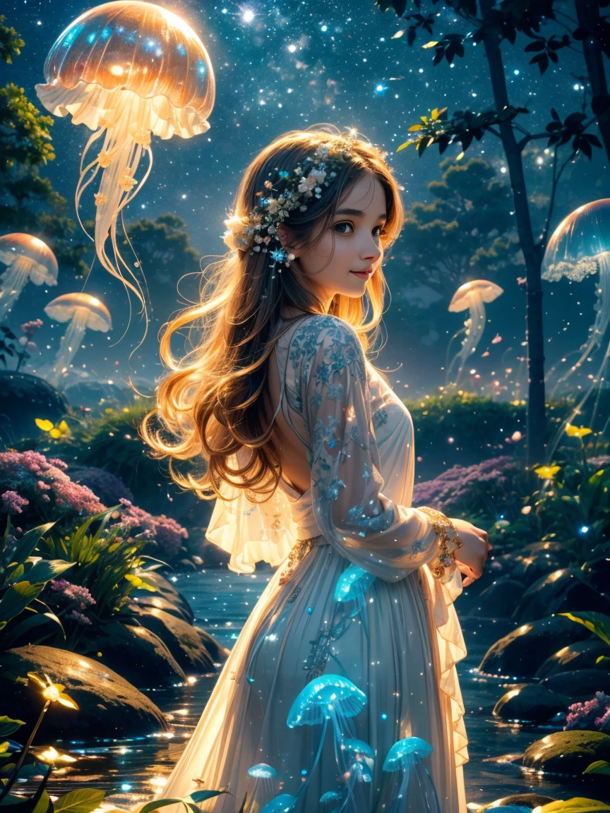 (best quality,4K,8K,highres,​masterpiece:1.2),Ultra-detail,(realisti,photorealisti,photo-realisti:1.37),colorful, exhilarated, illuminated scene, Moonlit Garden, A girl surrounded by ethereal light, long wallendes Haar, Delicately painted face, lovely, detailled eyes, delicate, glowing lips, joyful expression, fascinating eyes, charming smile, playful interaction between the girl and the jellyfish, translucent jellyfish float gracefully, rainbow-colored tentacles, dazzling glow, peaceful atmosphere, lush green foliage, blooming flowers, sparkling stars, light breeze, inviting sky, captivating moon, dreamlike scenery, Bizarre elements, magical ambience, unearthly feeling, wonderful energy, enchanting colors, surreal landscape.