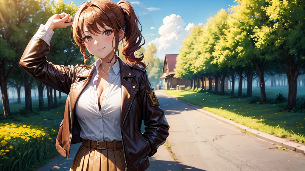 1girl, solo, summer, village, trees, sun, clouds, ((colorful hair)), curly hair, ponytail, large full breasts, ((brown leather jacket)), button down shirt, ((white shirt)), ((short sleeved shirt)), ((unbuttoned shirt)), unbuttoning buttons, cleavage 1:3, brown eyes, skirt, smile, looking at the viewer, standing, hair ribbon, golden necklate