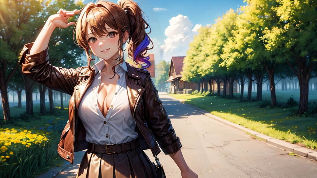 1girl, solo, summer, village, trees, sun, clouds, ((colorful hair)), curly hair, ponytail, large full breasts, ((brown leather jacket)), button down shirt, ((white shirt)), ((short sleeved shirt)), ((unbuttoned shirt)), unbuttoning buttons, cleavage 1:3, brown eyes, skirt, smile, looking at the viewer, standing, hair ribbon, golden necklate
