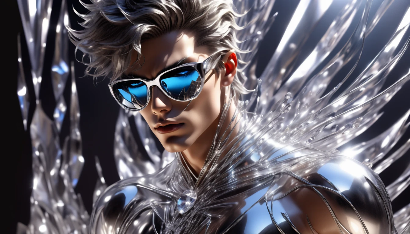 face of a rock singer man, glass glasses, metallic skin, crystal musical notes illustrating the scene, creative image, modern and futuristic design, realistic texture, deep shadows, high contrast, hyper realistic image