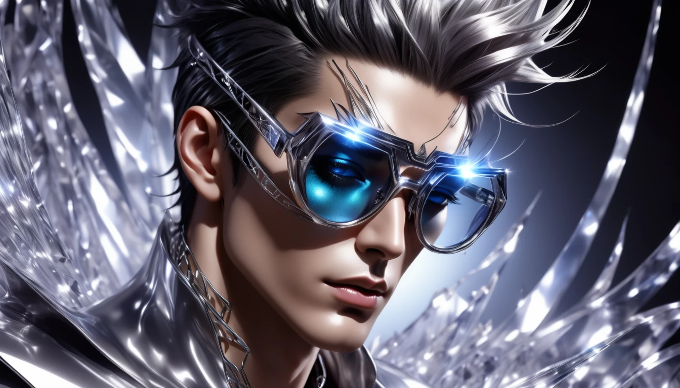 face of a rock singer man, glass glasses, metallic skin, crystal musical notes illustrating the scene, creative image, modern and futuristic design, realistic texture, deep shadows, high contrast, hyper realistic image
