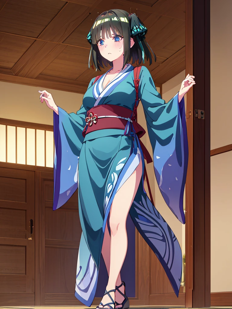 Nino　nanaco、short hair, Twin tails、 blue eyes, hair ornaments, Hair Ribbon, blunt , Both sides up, butterfly hair ornaments, skirt, No sleeve、Random color see-through kunoichi costume、Japanese see-through female samurai costume、See-through female ninja costume,, Open clothes, Collared dress emphasizes cleavage、胸の谷間のSweat is noticeable、Professional lighting light reflection、 looking at viewer, (masterpiece:1.2), Highest quality, High resolution, unity 8k wallpaper, (figure:0.8), (Beautiful fine details:1.6), Highly detailed face, Perfect lighting, Highly detailed CG, (Perfect hands, Perfect Anatomy),heavy rain、heavy rainで全身びしょ濡れ、heavy rainで全身びしょ濡れの服、High heels、 ((Perfect handsの形))、(Perfect foot shape、Embarrassed expression、blush、Gestures to seduce a man、Shining Sweat、Perfect Skin,Sweat is noticeable、太もものSweat is noticeable、 Fair skin,Tight waist, Sweating profusely、Sweaty hair、Sweaty clothes、Sweaty、Visible sweat、rain-wet hair、A vast Western church with stained glass windows