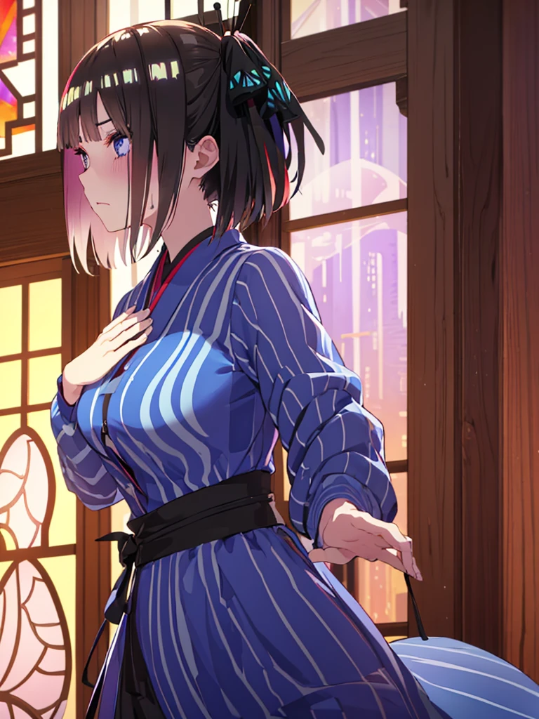 Nino nanaco、short hair, Twin tails、 blue eyes, hair ornaments, Hair Ribbon, blunt , Both sides up, butterfly hair ornaments, skirt, No sleeve、Random color see-through kunoichi costume、Japanese see-through female samurai costume、See-through female ninja costume,, Open clothes, Collared dress emphasizes cleavage、胸の谷間のSweat is noticeable、Professional lighting light reflection、 looking at viewer, (masterpiece:1.2), Highest quality, High resolution, unity 8k wallpaper, (figure:0.8), (Beautiful fine details:1.6), Highly detailed face, Perfect lighting, Highly detailed CG, (Perfect hands, Perfect Anatomy),heavy rain、heavy rainで全身びしょ濡れ、heavy rainで全身びしょ濡れの服、High heels、 ((Perfect handsの形))、(Perfect foot shape、Embarrassed expression、blush、Gestures to seduce a man、Shining Sweat、Perfect Skin,Sweat is noticeable、太もものSweat is noticeable、 Fair skin,Tight waist, Sweating profusely、Sweaty hair、Sweaty clothes、Sweaty、Visible sweat、rain-wet hair、A vast Western church with stained glass windows