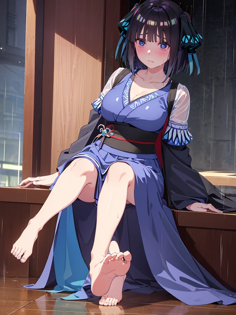 Nino nanaco、short hair, Twin tails、 blue eyes, hair ornaments, Hair Ribbon, blunt , Both sides up, butterfly hair ornaments, skirt, No sleeve、Random color see-through kunoichi costume、Japanese see-through female samurai costume、See-through female ninja costume,, Open clothes, Collared dress emphasizes cleavage、胸の谷間のSweat is noticeable、Professional lighting light reflection、 looking at viewer, (masterpiece:1.2), Highest quality, High resolution, unity 8k wallpaper, (figure:0.8), (Beautiful fine details:1.6), Highly detailed face, Perfect lighting, Highly detailed CG, (Perfect hands, Perfect Anatomy),heavy rain、heavy rainで全身びしょ濡れ、heavy rainで全身びしょ濡れの服、High heels、 ((Perfect handsの形))、(Perfect foot shape、Embarrassed expression、blush、Gestures to seduce a man、Shining Sweat、Perfect Skin,Sweat is noticeable、太もものSweat is noticeable、 Fair skin,Tight waist, Sweating profusely、Sweaty hair、Sweaty clothes、Sweaty、Visible sweat、rain-wet hair、A vast Western church with stained glass windows