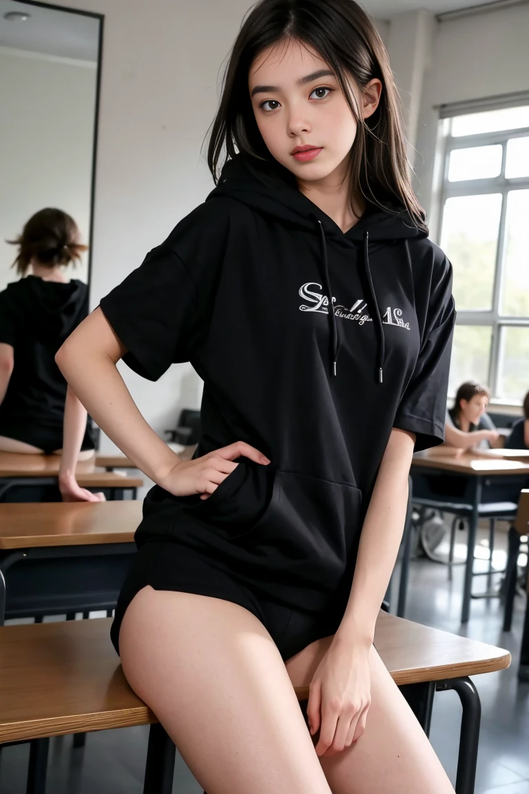 deux femmes ensemble de 18 ans sexy et mince , black short sleeve hoodie , salle de classe, se touche,position sey,sensuel