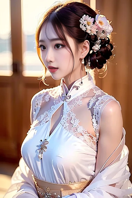 (masterpiece, 8K, hyper-high detail, gorgeous chinese lady, ample round bosom, beautiful detailed face, cheerfulness, short hair, alluring hairstyle, expressive detailed eyes, Detailed lips, Chinese Hanfu, Lace, wearing jewellery, bokeh background, morning, snowing, head to knees, side shot)