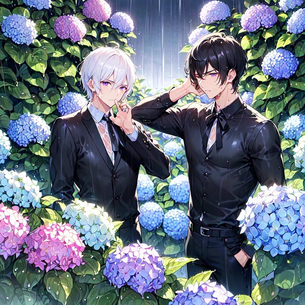masterpiece,best quality,high quality,(2male austere handsome two people adult age 30: 1.5), purple eyes, cool with suspended eyes, V-shaped eyebrows, body strong and fearless 8.5 head tall, height 185 cm, (well-groomed short black hair down to neck: 1.4), (bangs split into seven thirds: 1.4), slender nose, facial muscles, throat, (wet shirt and black trousers: 1.3), (hand on face), (standing), (stylish pose), (melancholy expression: 1.3), (background hydrangea garden: 1.3), (night rain: 1.3), (upper body:1.3)