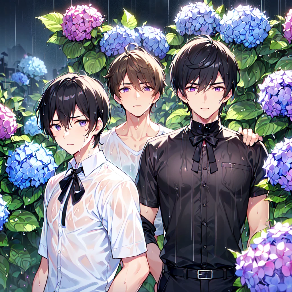 masterpiece,best quality,high quality,(2male austere handsome two people adult age 30: 1.5), purple eyes, cool with suspended eyes, V-shaped eyebrows, body strong and fearless 8.5 head tall, height 185 cm, (well-groomed short black hair down to neck: 1.4), (bangs split into seven thirds: 1.4), slender nose, facial muscles, throat, (wet shirt and black trousers: 1.3), (hand on face), (standing), (stylish pose), (melancholy expression: 1.3), (background hydrangea garden: 1.3), (night rain: 1.3), (upper body:1.3)