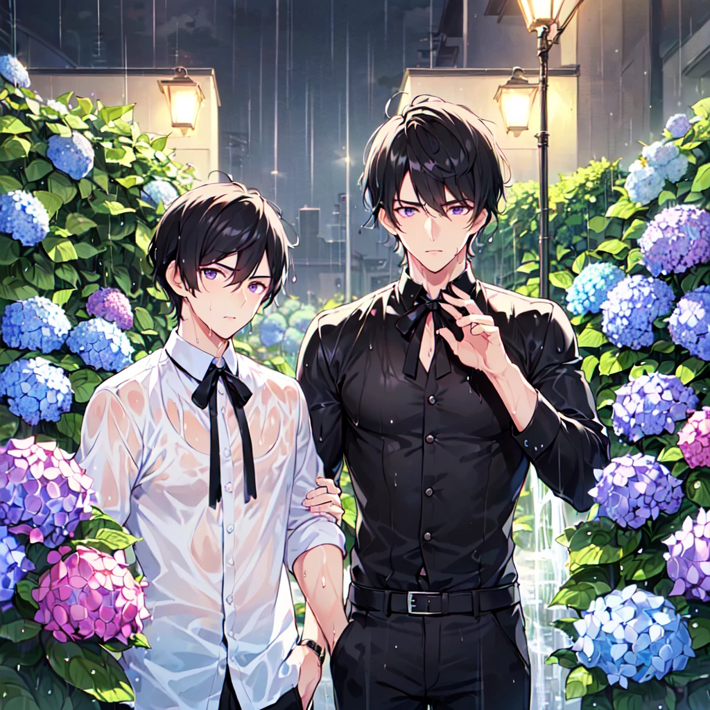 masterpiece,best quality,high quality,(2male austere handsome two people adult age 30: 1.5), purple eyes, cool with suspended eyes, V-shaped eyebrows, body strong and fearless 8.5 head tall, height 185 cm, (well-groomed short black hair down to neck: 1.4), (bangs split into seven thirds: 1.4), slender nose, facial muscles, throat, (wet shirt and black trousers: 1.3), (hand on face), (standing), (stylish pose), (melancholy expression: 1.3), (background hydrangea garden: 1.3), (night rain: 1.3), (upper body:1.3)