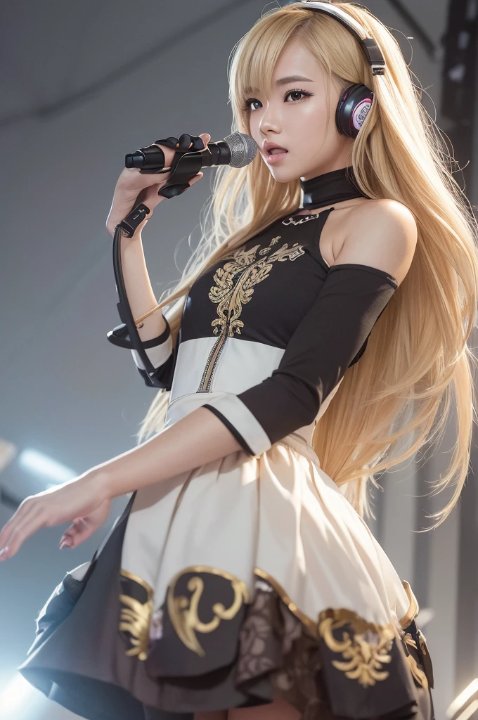 "Blonde Japanese woman, resembling Happy Sakura, elegant and captivating appearance, intricate details, high quality, (luxury:1.4), ultra-realistic 8K, perfect face, beautiful expression, beautiful eyes, blonde hair, model pose, ultra-realistic 4K, highest image quality, natural light, natural background, stylish clothing, professional artwork, modern style, clean and sophisticated look, holding a microphone and singing, female DJ wearing headphones, operating music equipment" "Blurry image, low resolution, unnatural pose, unbalanced face, noise, excessive editing, inappropriate lighting, anime style, cartoon style, non-realistic texture, excessive saturation, artificial expression, abnormal proportions, unnatural background, low-quality details"