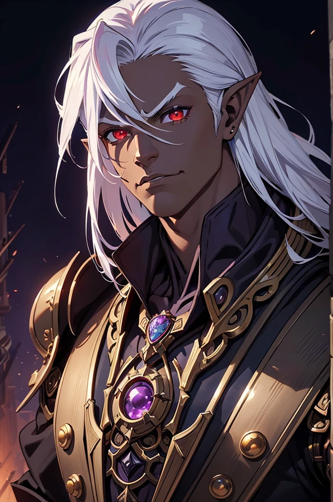 ((best quality)), ((masterpiece)), (detailed), ((boy)), ((mechanical armor)), (dungeonpunk),(steampunk), (serious), dark skinned, human, upper body, portrait, red eyes, long white hair, Xemnas from Kingdom Hearts, half-drow, pointy ears, serious face, dramatic lighting, purple hue, art by Kinema Citrus