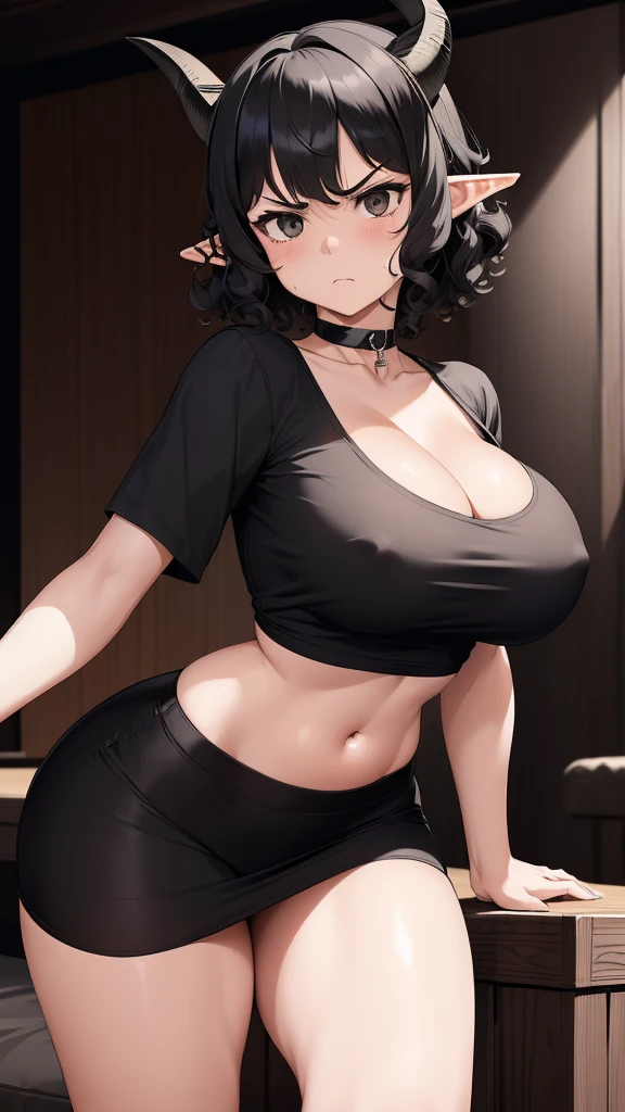 ((masterpiece)), 1girl, solo, black hair, very short hair, very curly hair, black eyes, angry face, black shirt, goat horns, black horns, elf ears, home background, livingroom background, gigant breasts, dynamic pose, choker, real breasts, perfect hands, white bows in the hair