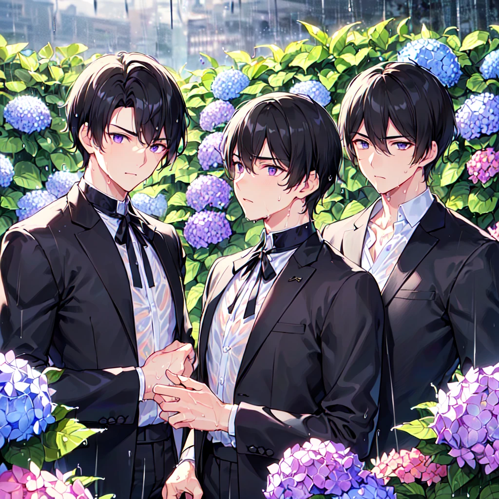 masterpiece,best quality,high quality,(2male austere handsome two people adult age 30: 1.5), purple eyes, cool with suspended eyes, V-shaped eyebrows, body strong and fearless 8.5 head tall, height 185 cm, (well-groomed short black hair down to neck: 1.4), (bangs split into seven thirds: 1.4), slender nose, facial muscles, throat, (wet shirt and black trousers: 1.3), (hand on face), (standing), (stylish pose), (melancholy expression: 1.3), (background hydrangea garden: 1.3), (night rain: 1.3), (upper body:1.3)