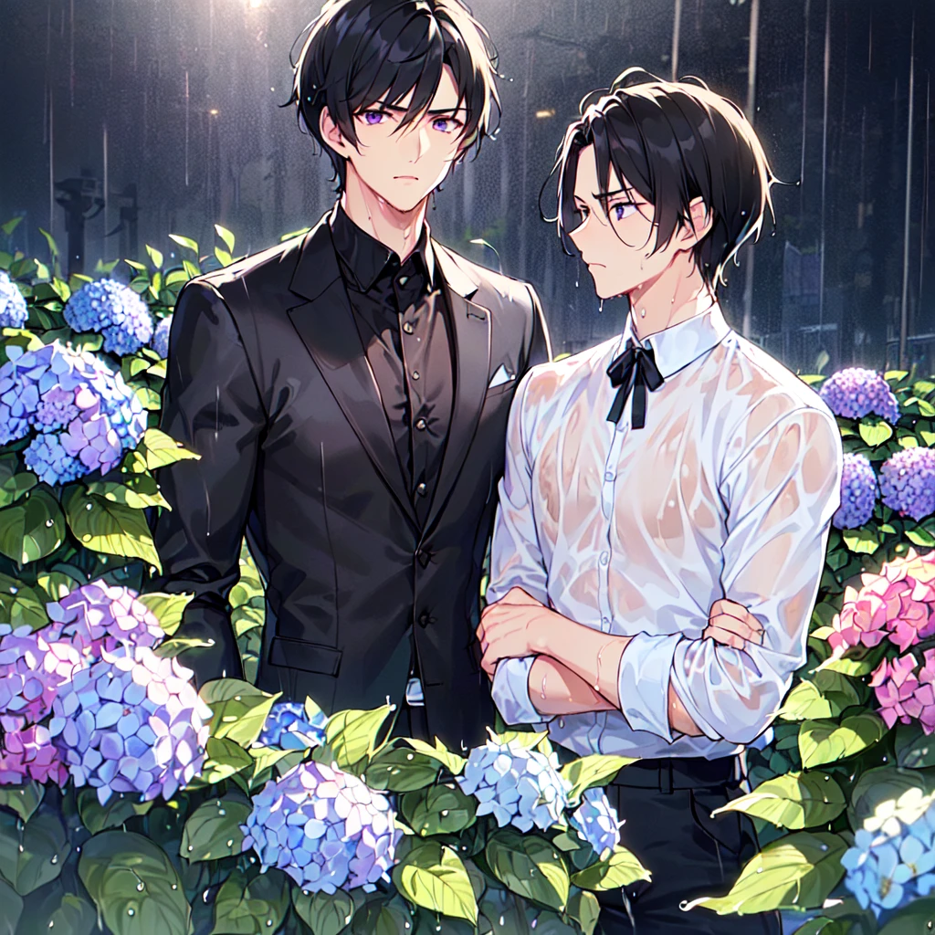 masterpiece,best quality,high quality,(2male austere handsome two people adult age 30: 1.5), purple eyes, cool with suspended eyes, V-shaped eyebrows, body strong and fearless 8.5 head tall, height 185 cm, (well-groomed short black hair down to neck: 1.4), (bangs split into seven thirds: 1.4), slender nose, facial muscles, throat, (wet shirt and black trousers: 1.3), (hand on face), (standing), (stylish pose), (melancholy expression: 1.3), (background hydrangea garden: 1.3), (night rain: 1.3), (upper body:1.3)