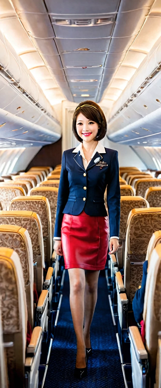 (Perfect detail: 1.5, 8k wallpaper, masterpiece, Highest quality, Super detailed) ,A super busty stewardess with cleavage、Very beautiful and cute face、Japan idol faces:1.24,
Inside the first class cabin of an airliner、Smiling stewardess standing in the aisle next to the luxury seats:1.55,The cabin is spacious.々and、Luxurious brown leather seats、Woodgrain Panel、It features soft lighting。The stewardess is wearing a red miniskirt and a black uniform.、Her black bob hair gives her a professional look.。Seat belts on the seats、pillow、There is a blanket、Some of the seats are occupied by relaxed passengers.。Outside the window, I can see blue sky and clouds.、The cabin is bathed in soft, warm lighting.。