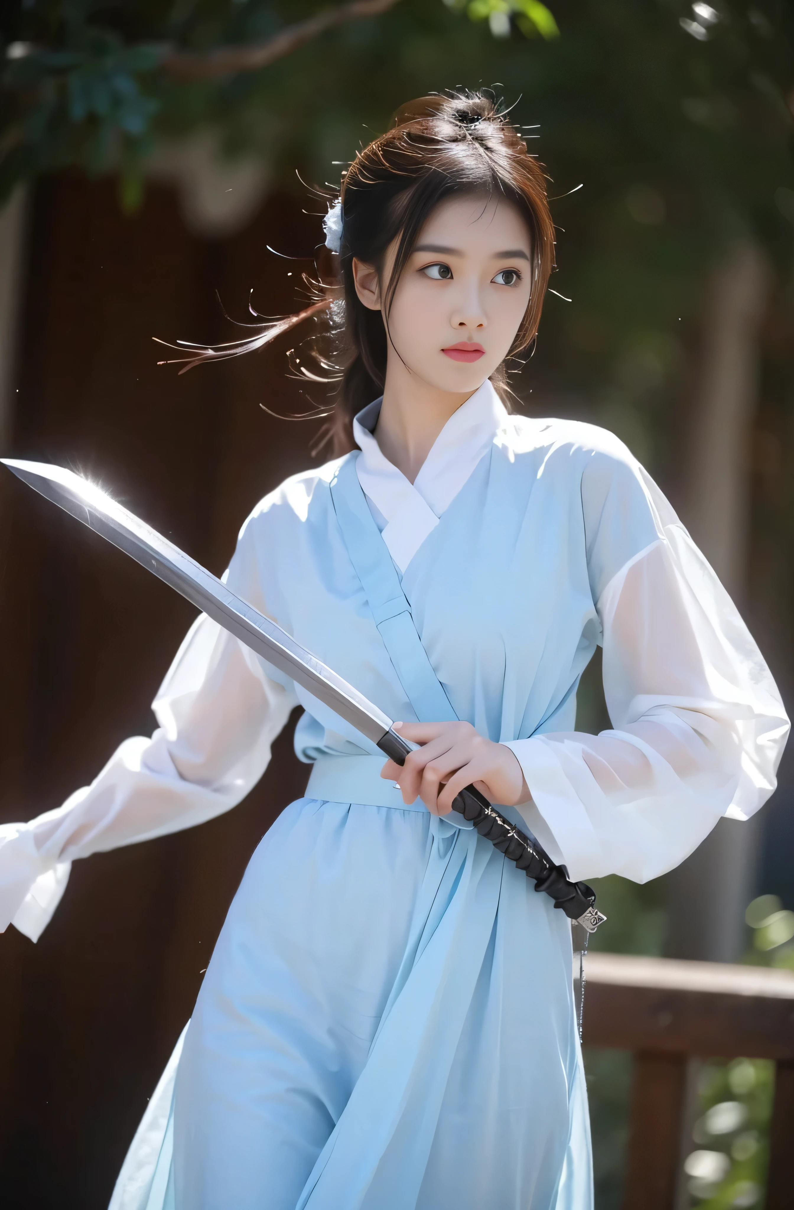 1 girl,Looking at the audience, Focus alone, Practical, Hold a sword in hand