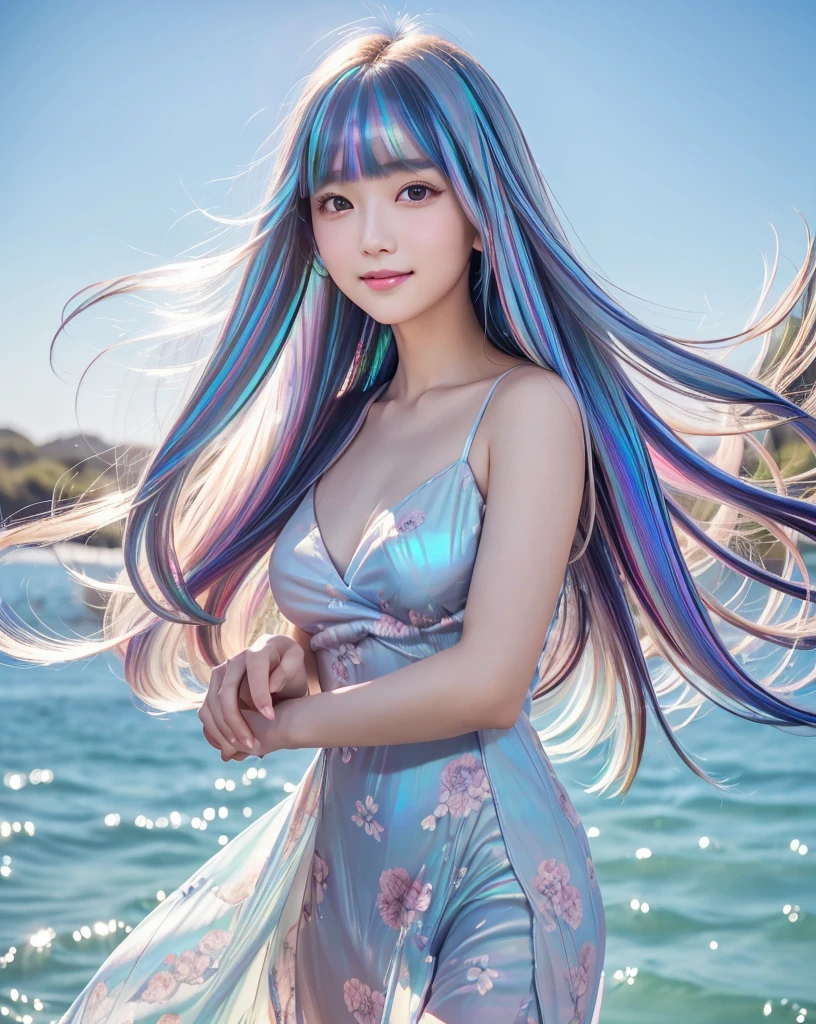 (Highest quality, 32k, High resolution, Masterpiece:1.5, ), marimo_jet, god々A photograph with brilliant dazzling and healing power., Evoking a sense of calm and elusive beauty, Expressing emotions, Have a rich imagination,Beautiful Japanese Girls, An exceptionally beautiful face, Small Face Beauty, Perfect Human Anatomy, Magical big eyes, Motherhood and generosity, Deep Love, fleeting smile, ((Iridescent gradient hair:1.4)), ((Super Long Straight Silk Hair:1.1)), Asymmetrical bangs, Hair between the eyes, Transparent, soft white skin, Sharp eyebrows, Thin lashes, Natural Makeup, Cheek highlighter, Pale pink detailed lips, ((Light blue floral dress:1.3)), High resolutionの完璧な鎖骨, High resolutionの美しい胸元, Slim figure with ample breasts, High resolutionの美しい太もも, ((Detailed blue sky background:1.2)), Professional Lighting, Professional photographer, Professional models, god秘的