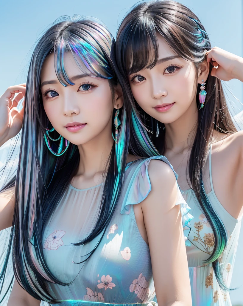 (Highest quality, 32k, High resolution, Masterpiece:1.5, ), marimo_jet, god々A photograph with brilliant dazzling and healing power., Evoking a sense of calm and elusive beauty, Expressing emotions, Have a rich imagination,Beautiful Japanese Girls, An exceptionally beautiful face, Small Face Beauty, Perfect Human Anatomy, Magical big eyes, Motherhood and generosity, Deep Love, fleeting smile, ((Iridescent gradient hair:1.4)), ((Super Long Straight Silk Hair:1.1)), Asymmetrical bangs, Hair between the eyes, Transparent, soft white skin, Sharp eyebrows, Thin lashes, Natural Makeup, Cheek highlighter, Pale pink detailed lips, ((Light blue floral dress:1.3)), High resolutionの完璧な鎖骨, High resolutionの美しい胸元, Slim figure with ample breasts, High resolutionの美しい太もも, ((Detailed blue sky background:1.2)), Professional Lighting, Professional photographer, Professional models, god秘的