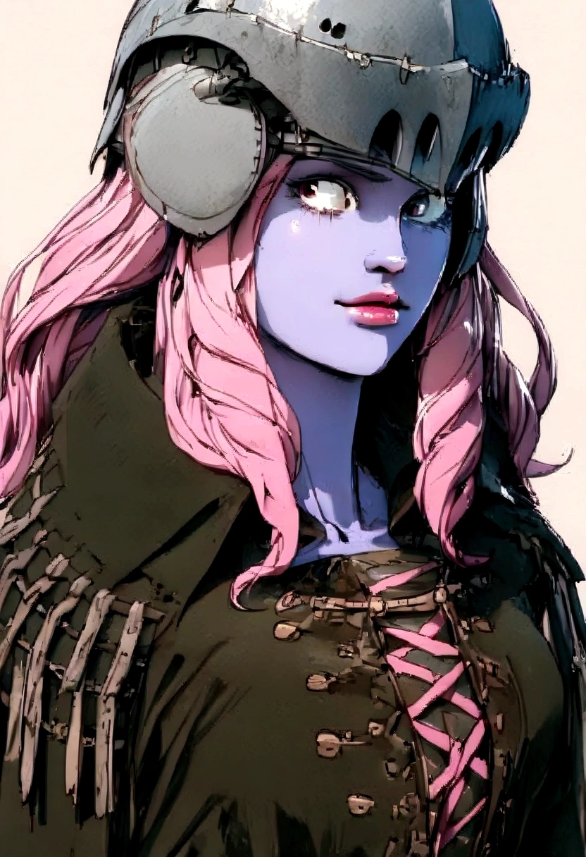 Girl with pink hair and pink skin, whole body, with trench coat, with helmet-shaped viscera, medieval style 