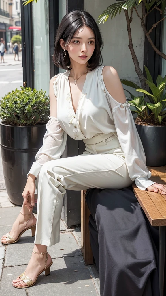 A stunning middle-aged woman with shoulder-length, straight black hair, sitting at an outdoor café in the city. She is dressed in a chic white blouse with floral patterns and a pair of beige capri pants. The background features a bustling city street with people walking by, potted plants around the café, and a warm summer glow. High-resolution, realistic depiction.