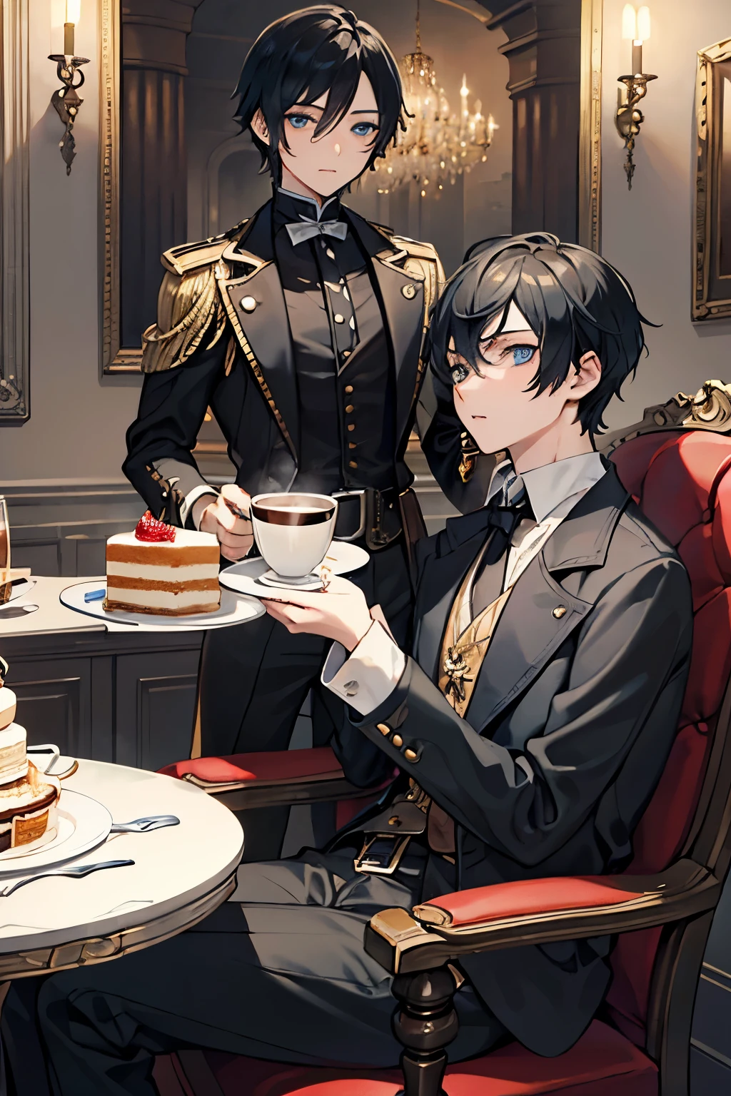 Prompt: (masterpiece), best quality, expressive eyes, perfect face,(((boy))),black hair, blue eyes, very short hair, fantasy, steampunk, eat a cake, coffee, luxury furniture, aristocratic house,
