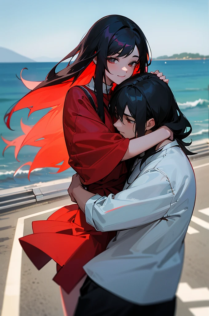 black-haired man and a red-haired woman hugging on a road with an ocean view with a drift nissan silvia s15 in the background