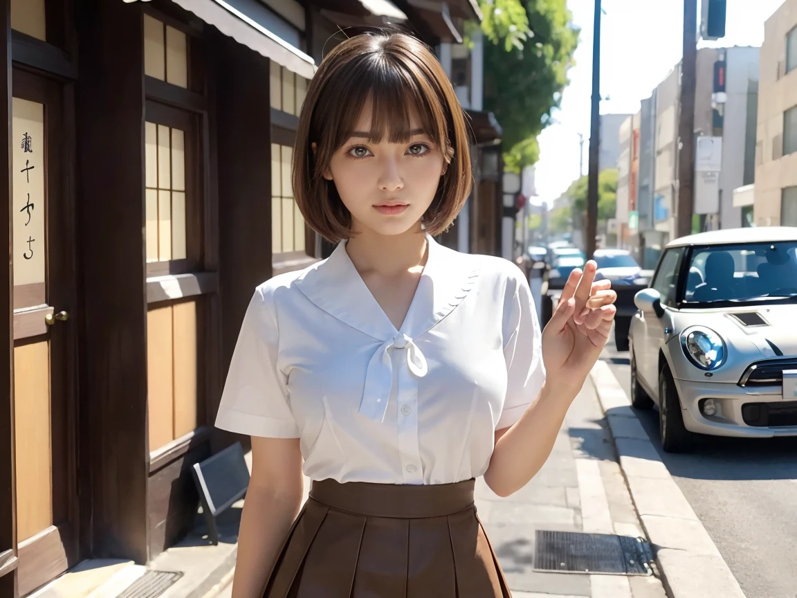 In 8K,Highest quality,The real picture,Intricate details,超A high resolution,Depth Field,Masseter muscle area,Natural soft light,Professional Lighting,1 girl,(cute:1.2),Very beautiful 17 year old girl,Detailed Eyes,((Brown eyes)),(Brown Hair),(Short-haired),(bangs),Perfect Skin,Glowing Skin,Pure white skin,Fine skin,Big and ample breasts,((Perfect Anatomy,Nice hands,Perfect hands,Five fingers connected to the palm,Accurate needles without discomfort)),Perfect bare legs,Delicate legs,Perfect proportions,Sexy,I can see your chest,((Japanese uniform)),((Uniform Mini Skirt)),(tie),Black socks,Chano Leather Shoes,Deep in the city