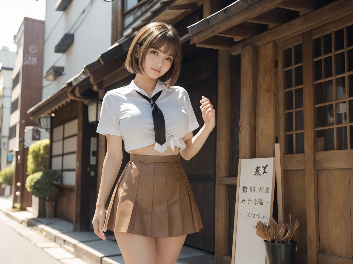 In 8K,Highest quality,The real picture,Intricate details,超A high resolution,Depth Field,Masseter muscle area,Natural soft light,Professional Lighting,1 girl,(cute:1.2),Very beautiful 17 year old girl,Detailed Eyes,((Brown eyes)),(Brown Hair),(Short-haired),(bangs),Perfect Skin,Glowing Skin,Pure white skin,Fine skin,Big and ample breasts,((Perfect Anatomy,Nice hands,Perfect hands,Five fingers connected to the palm,Accurate needles without discomfort)),Perfect bare legs,Delicate legs,Perfect proportions,Sexy,I can see your chest,((Japanese uniform)),((Uniform Mini Skirt)),(tie),Black socks,Chano Leather Shoes,Deep in the city